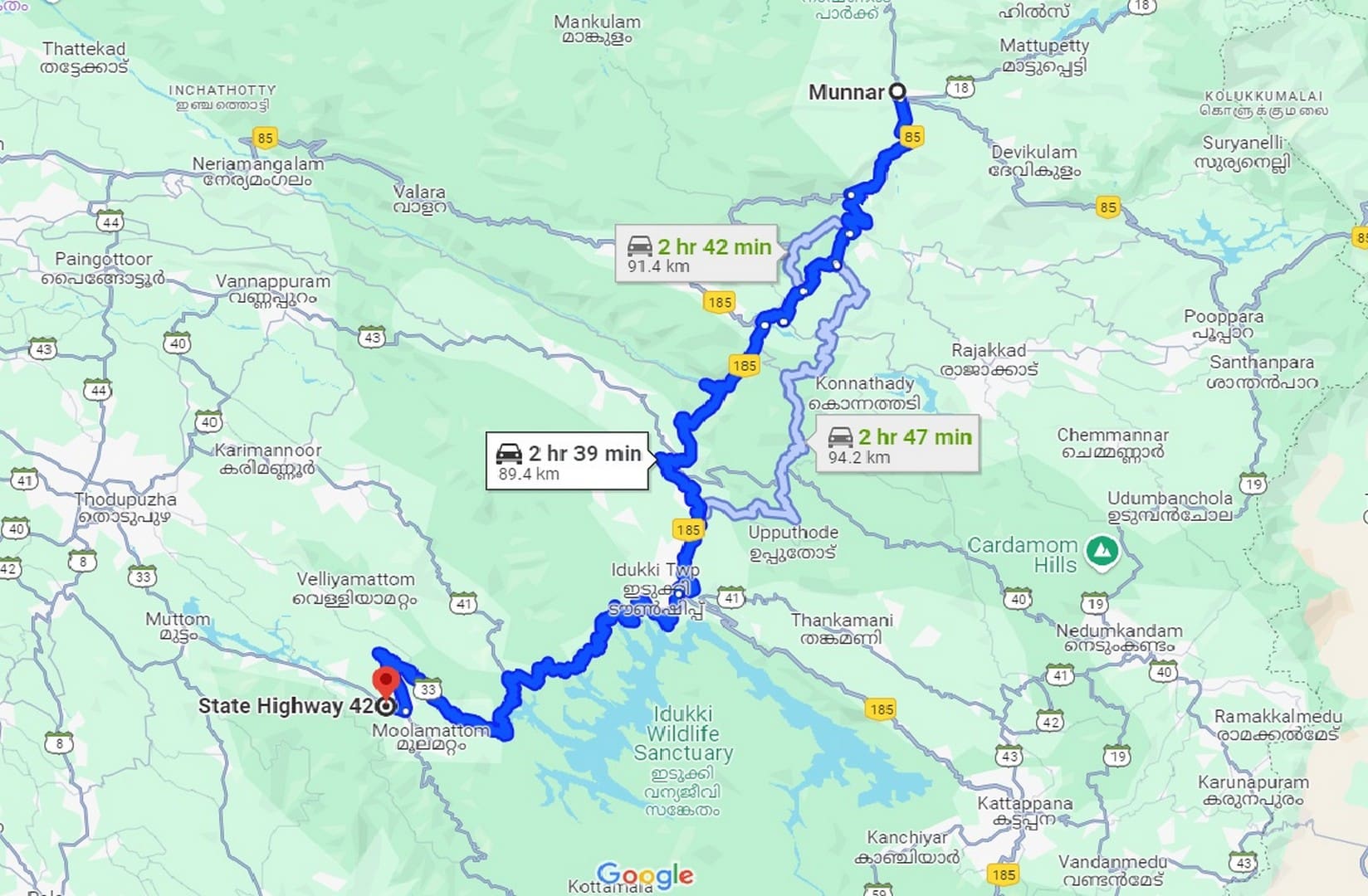 munnar-to-kumarakom-road-map