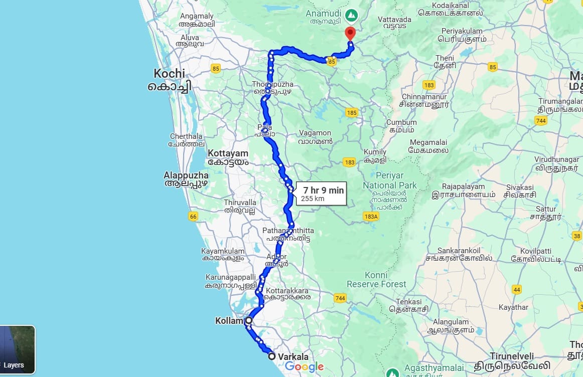 varkala-to-munnar-map